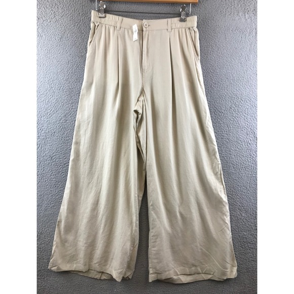 New Aerie Wide Leg Pleated Crop Pants Womens Medium Elastic Waist Casual Beige - Picture 1 of 10